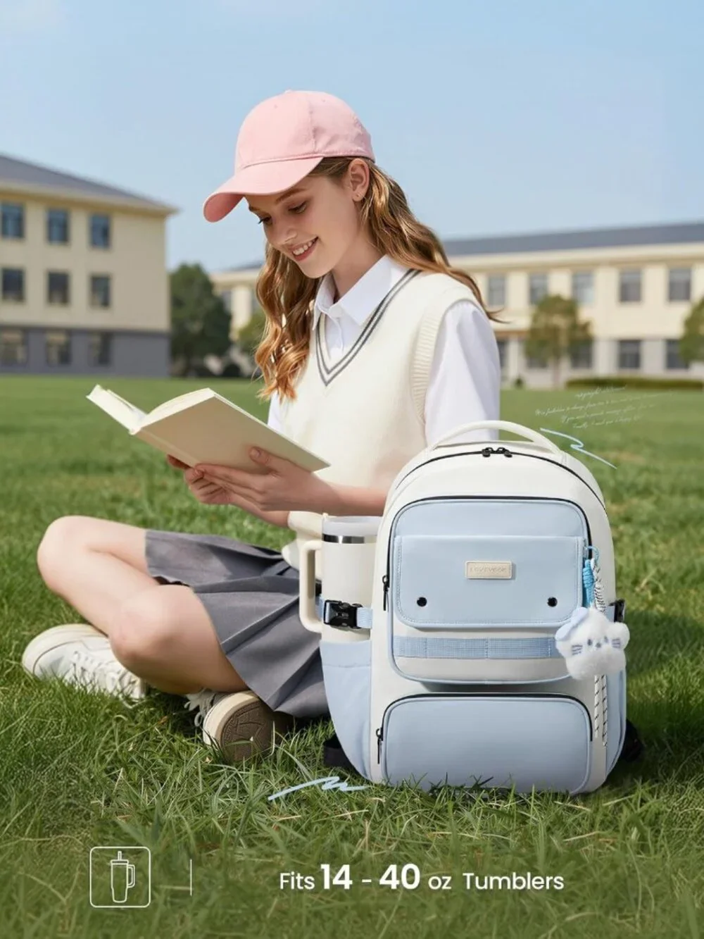 Cute Teen Girl School Backpack, Stylish 15.6 Inch Bookbag, Blue-Cream Color